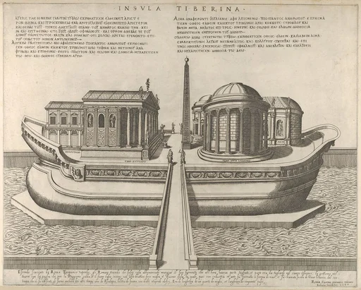 View of the Tiber Island represented as a ship, the Temple of Aesculapius at left