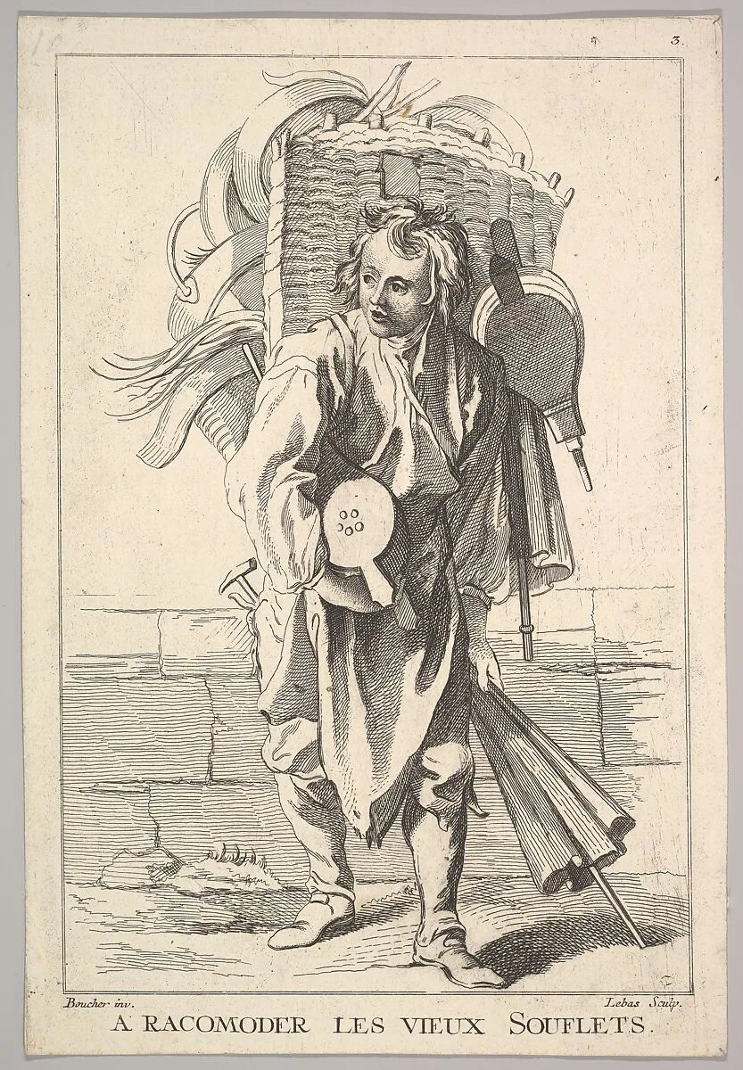 Reverse copy of A Racomoder les Vieux Souflets (Mend the Old Bellows), from Le Cris de Paris (The Cries of Paris), plate 3 — François Boucher|Jacques Philippe Le Bas