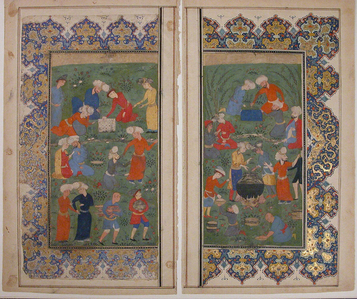 "Preparing a Noonday Meal on an Outing", Folio from a Kulliyat (Complete Works) of Sa'di — Unknown