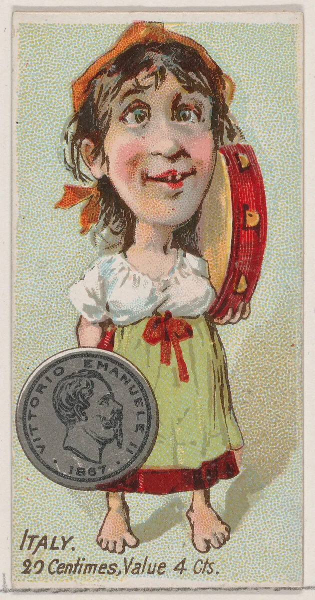 Caricatured Italian, 20 Centimes, from the series Coins of All Nations (N72, variation 1) for Duke brand cigarettes — W. Duke, Sons & Co.