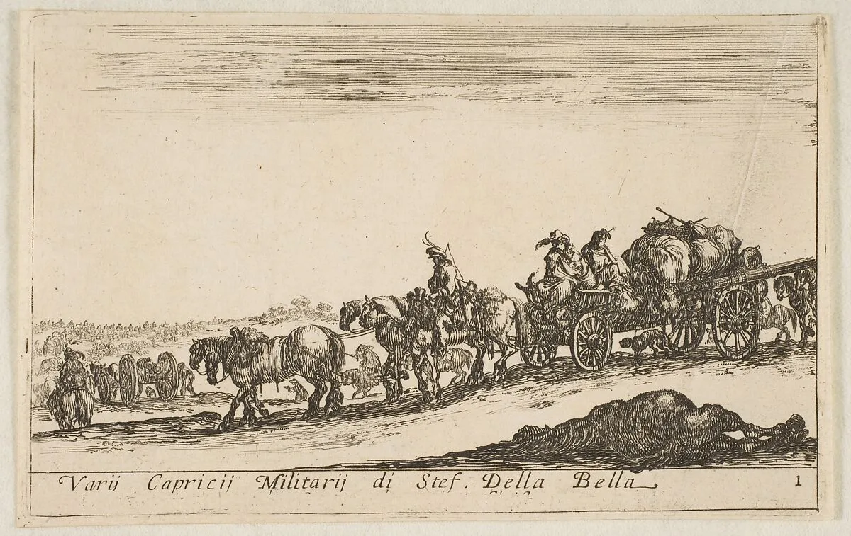 Plate 1: a horse drawn cart carrying people and goods, dead horse in the foreground, from "Various Military Caprices" (Varii capricci militari) — Stefano della Bella|Pierre François Basan
