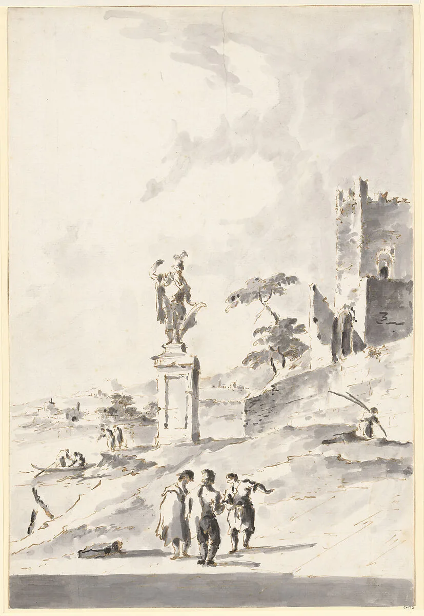 Capriccio with a Statue of a Warrior and a Ruined Castle on the Shore of the Lagoon — Giacomo Guardi