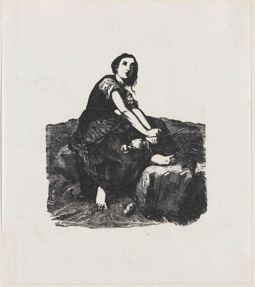 Girl seated on a rock holding a distaff — Anonymous, Mexican