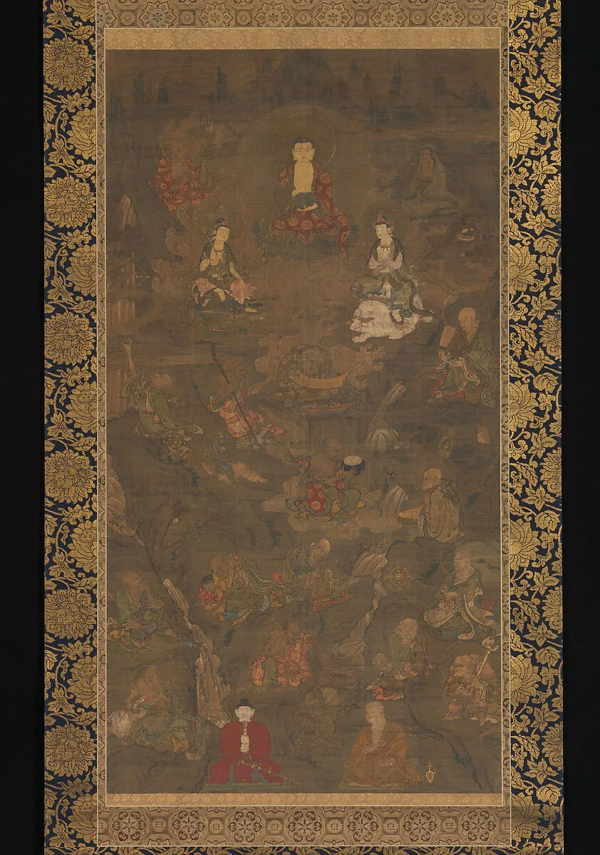 釈迦三尊十六羅漢像|Shaka (Shakyamuni), the Historical Buddha, with Two Attendant Bodhisattvas and Sixteen Arhats — Unknown