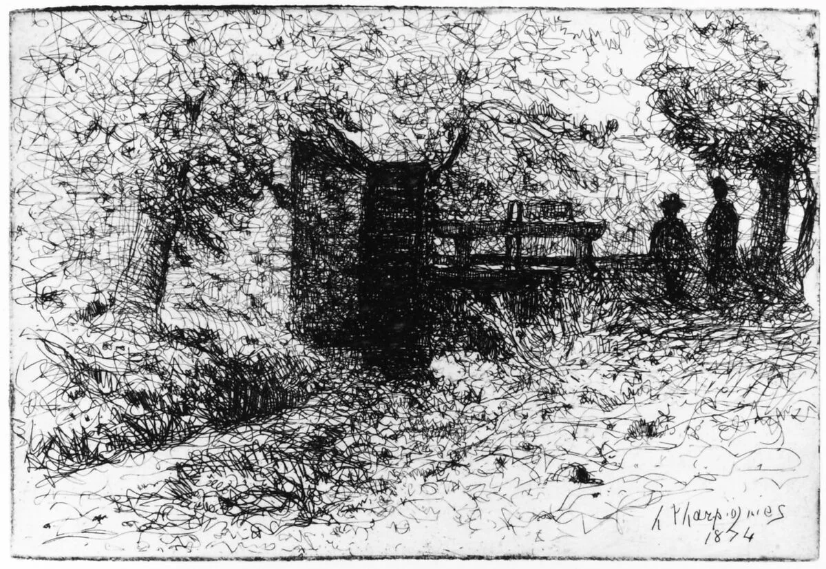 Two Figures by a Small Watergate — Henri-Joseph Harpignies