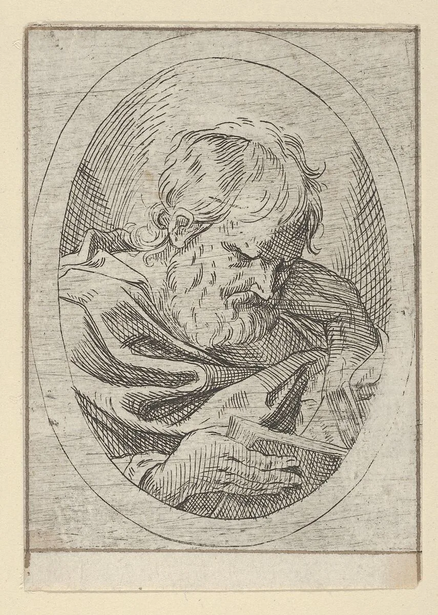 An apostle resting his head on his left hand and reading a book, in an oval frame, from "Christ, the Virgin, and Thirteen Apostles" — Guido Reni|Anonymous, 17th century