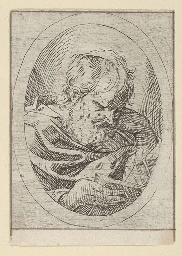 An apostle resting his head on his left hand and reading a book, in an oval frame, from "Christ, the Virgin, and Thirteen Apostles"
