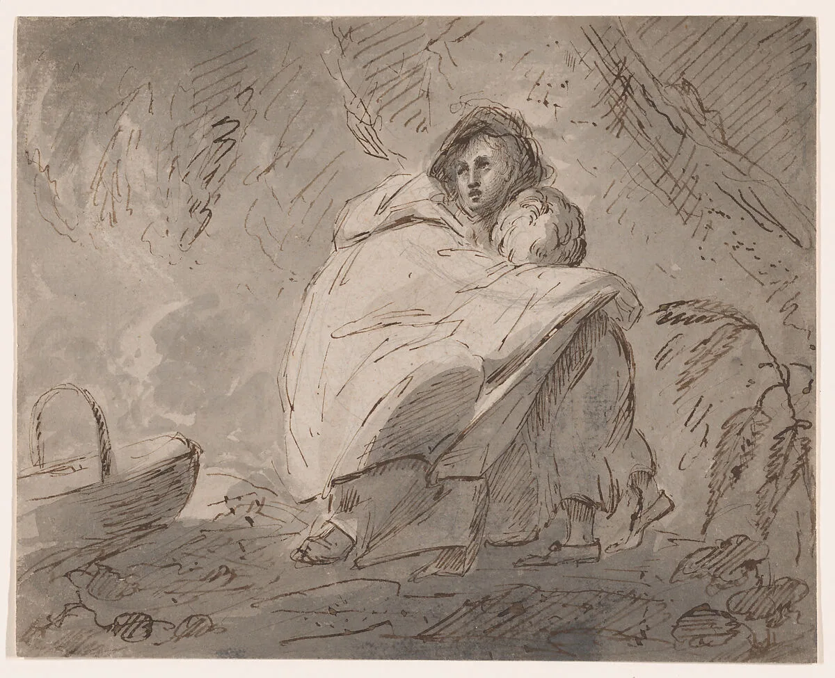Woman Sheltering a Child in a Landscape — William Hamilton