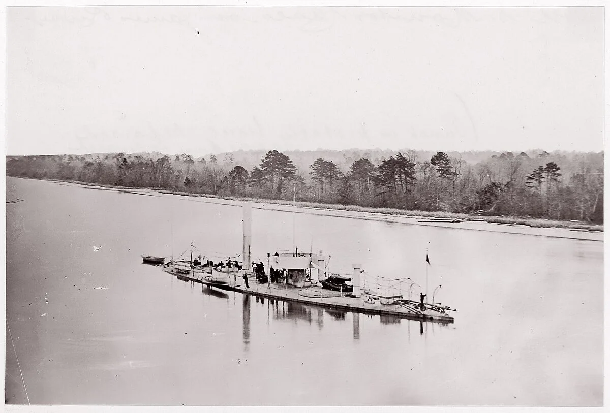 U.S. Monitor "Casco" on James River, taken from a lookout tower on bank. — Mathew B. Brady|Unknown