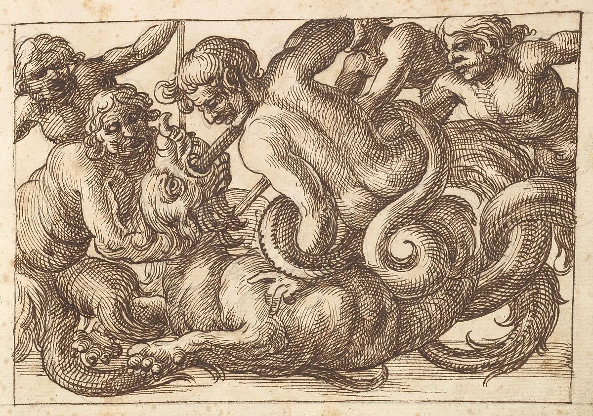 Horizontal Panel Design with Five Male Figures Fighting a Dragon — Polifilo Giancarli|Anonymous, Italian, Venetian, 17th century
