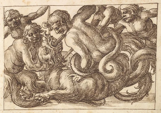 Horizontal Panel Design with Five Male Figures Fighting a Dragon