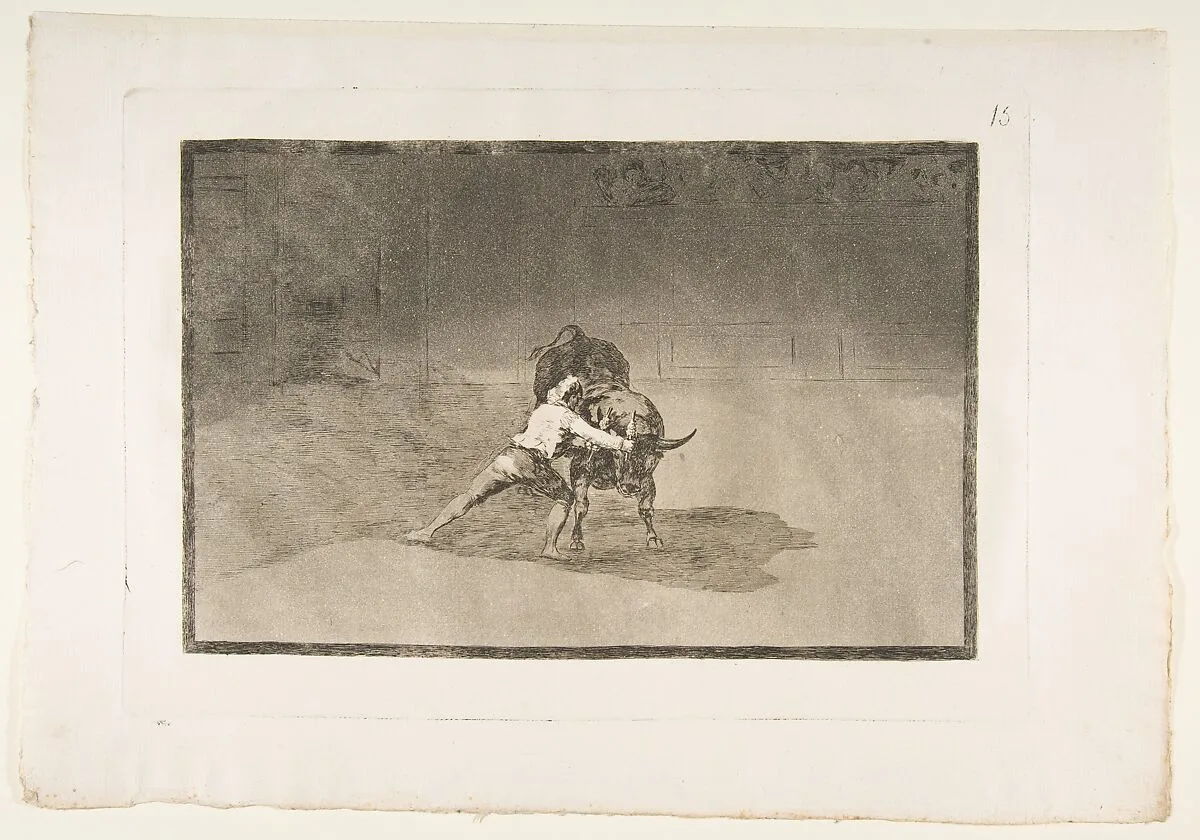 Plate 15 from "La Tauromaquia": The famous Martincho places the banderillas playing the bull with the movement of his body — Goya (Francisco de Goya y Lucientes)