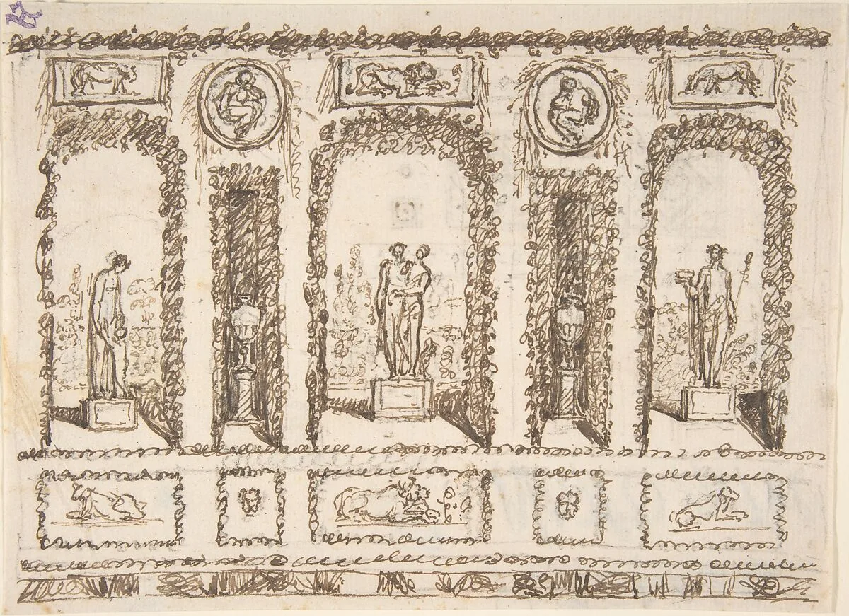 Design for a Wall Decoration of a Conservatory or Grotto with Statues and Vases in Niches — Anonymous, Italian, 19th century