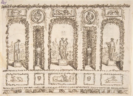 Design for a Wall Decoration of a Conservatory or Grotto with Statues and Vases in Niches