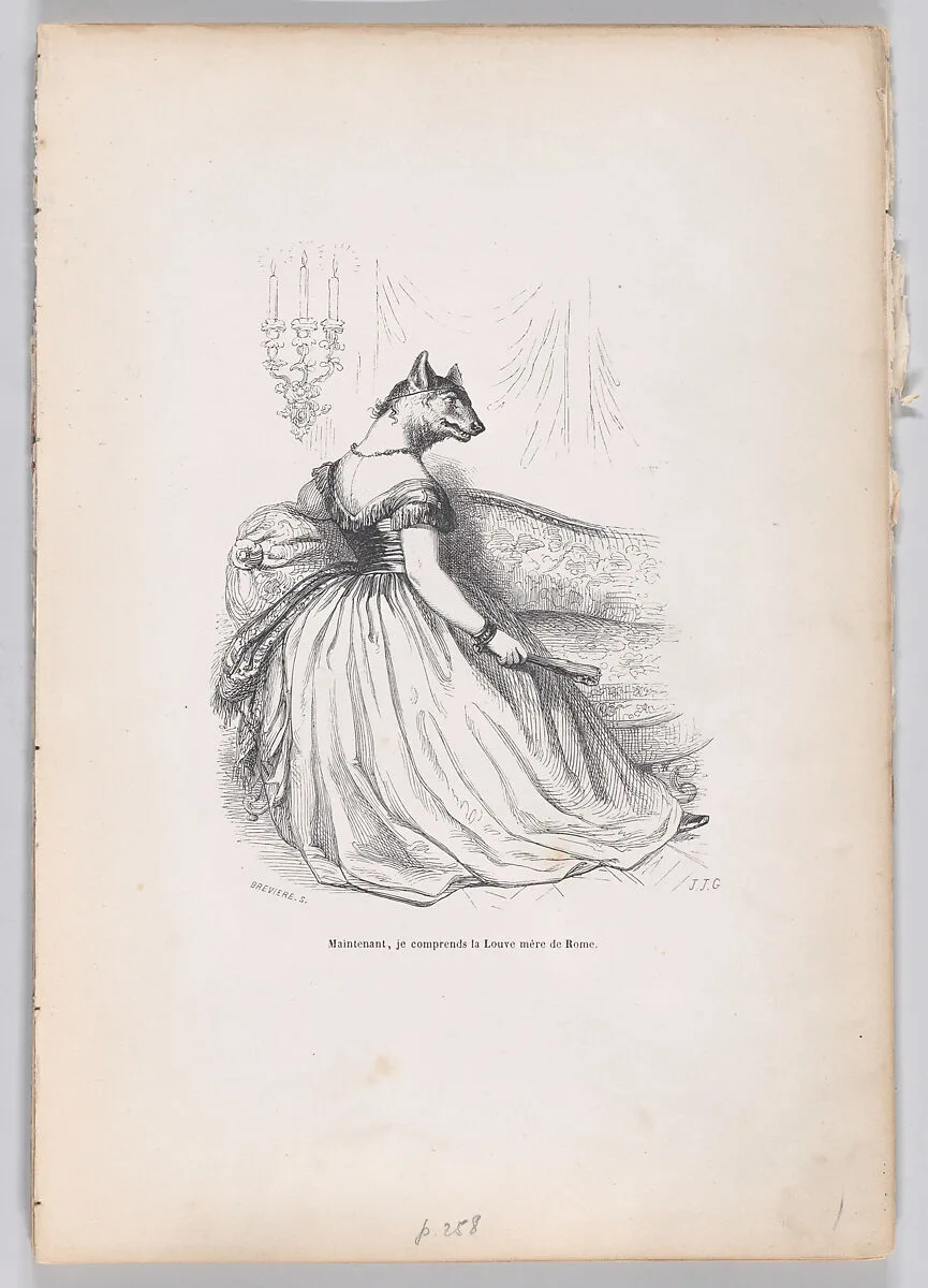 "Now, I understand the mother wolf of Rome" from Scenes from the Private and Public Life of Animals — Honoré de Balzac|Louis-Henri Brevière|J. J. Grandville