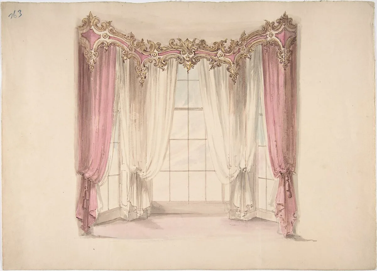 Design for Pink Curtains and White Inner Curtains, with a Gold, White and Pink Pediment — Anonymous, British, 19th century