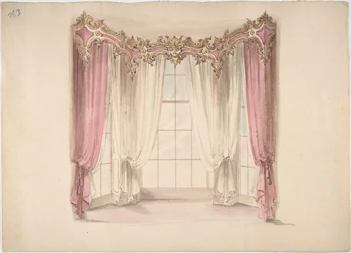 Design for Pink Curtains and White Inner Curtains, with a Gold, White and Pink Pediment