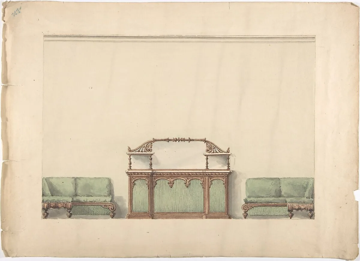 Design for a Mirrored, Marble-topped Cabinet and Two Sofas — Anonymous, British, 19th century