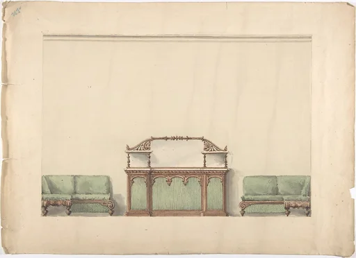 Design for a Mirrored, Marble-topped Cabinet and Two Sofas