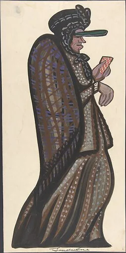 Old woman carrying a red and white checkered card