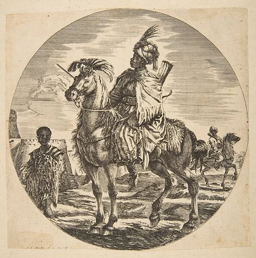Moorish horseman in profile facing left, a black slave holding a fur at left, another horseman to right in the background, from 'Figures on Horseback' (Cavaliers nègres, polonais et hongrois)