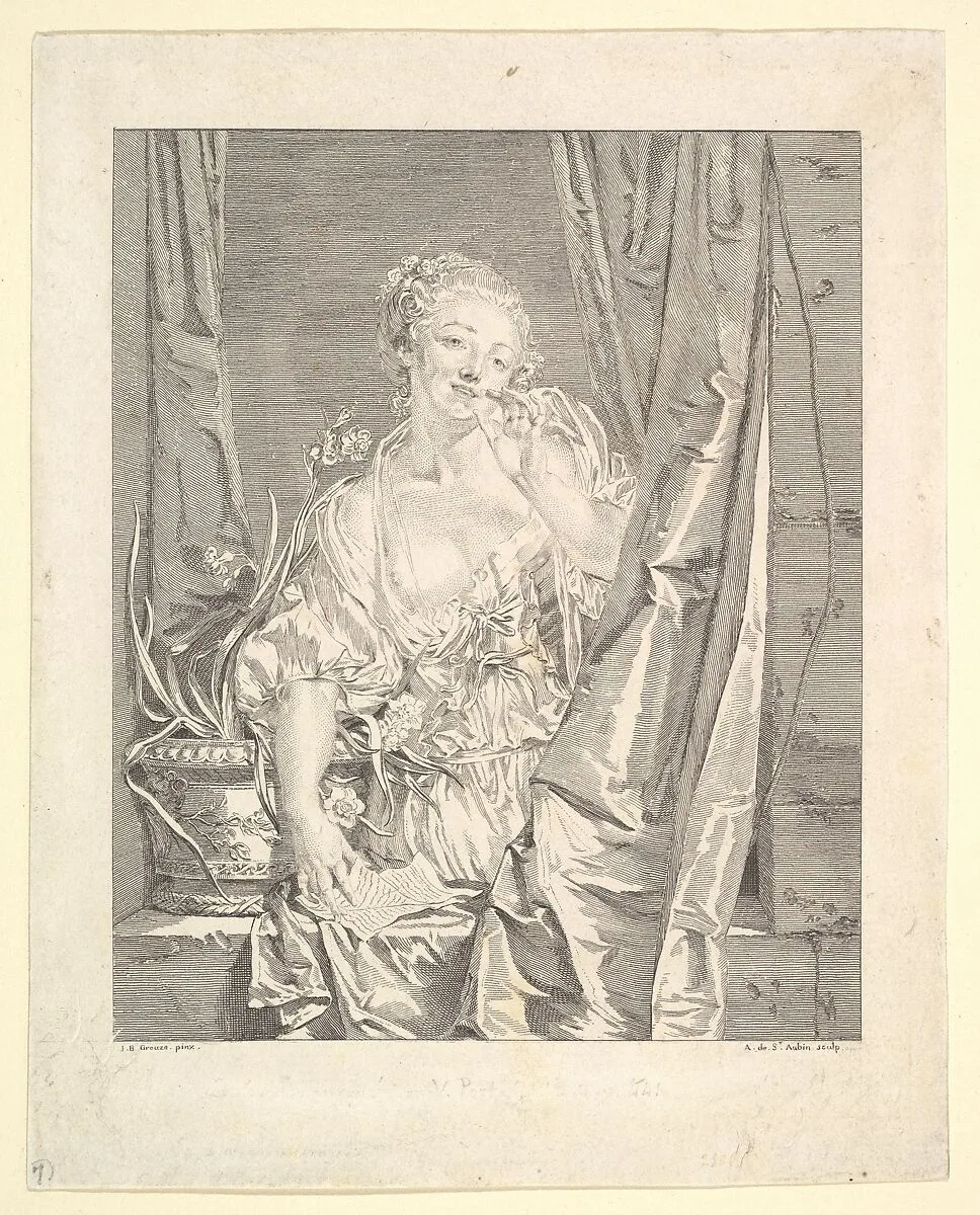 Le Baiser Envoyé (Blowing a Kiss) — Augustin de Saint-Aubin|Jean-Baptiste Greuze