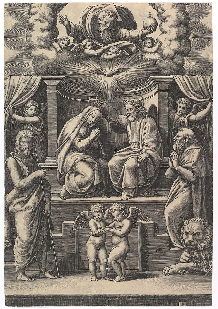The Coronation of the Virgin, at lower left stands St John the Baptist, at lower right St Jerome, God the father above — Master of the Die