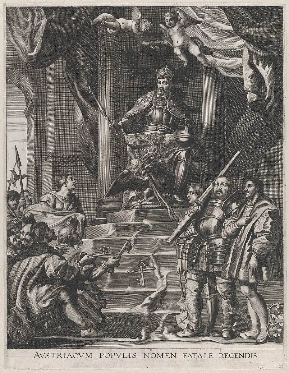 Plate 21: Emperor Charles V being offered the keys of Saxony and Hesse; from Guillielmus Becanus's 'Serenissimi Principis Ferdinandi, Hispaniarum Infantis...' — Anton van der Does|Johannes Meursius