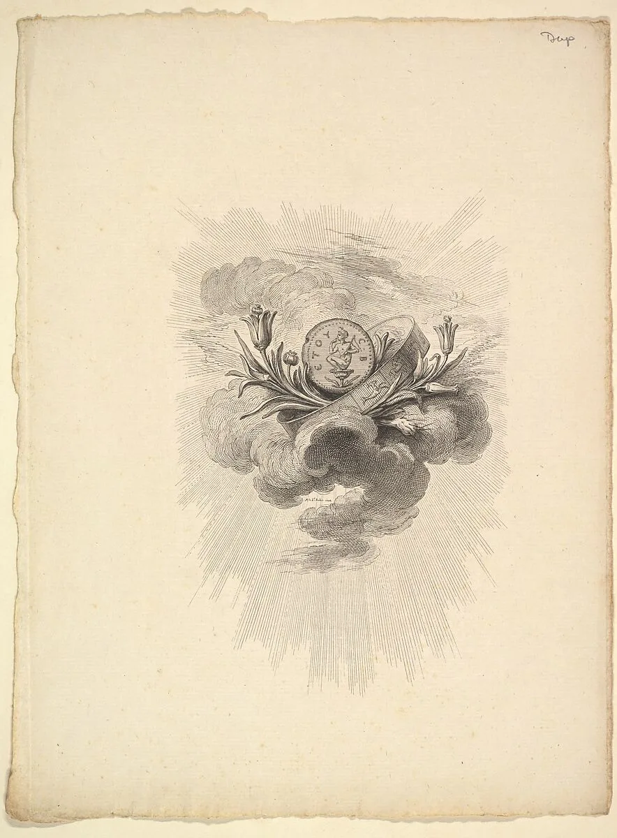 Vignette with a Medal depicting Harpocrate and Lotus Flowers, Volume I, Page 12, from Description des Principales Pierres gravées du Cabinet de S.A.S. Monseigneur le Duc d'Orléans Premier Prince du sang. A Paris chez M. l'abbé de la Chau au Palais-Royal M. l'abbé Le Blond au collége Mazarin Et chez Pissot, libraire, quai des Augustins — Augustin de Saint-Aubin|Pissot|L'Abbé La Chau|L'Abbé Le Blond