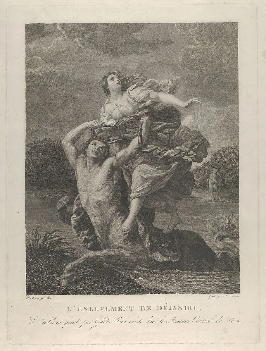 Dejanira being abducted by the centaur Nessos, a man with bow and arrow at right, after Reni — Guido Reni|A. Lovison