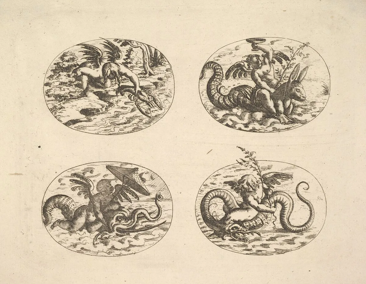 Putti with Sea Monsters, plates from the Neue Grotessken Buch — Christoph Jamnitzer