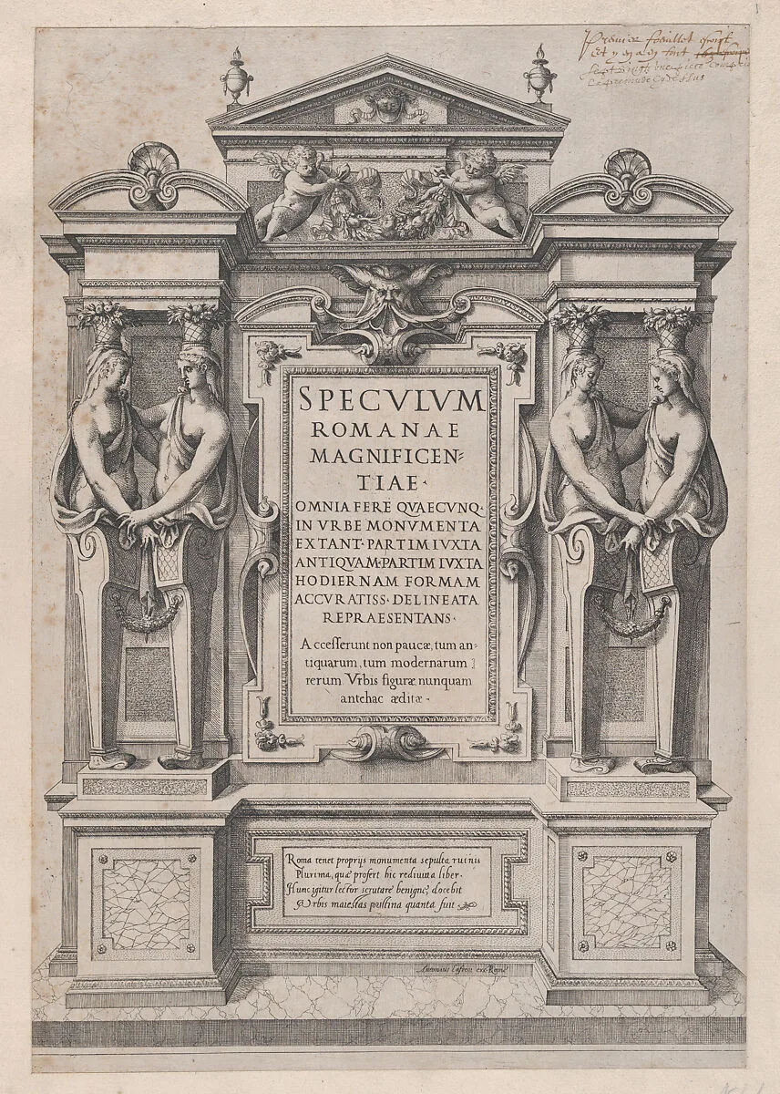 Speculum Romanae Magnificentiae: Title Page engraved within architectonic and sculptural border — Etienne DuPérac|Antonio Lafreri