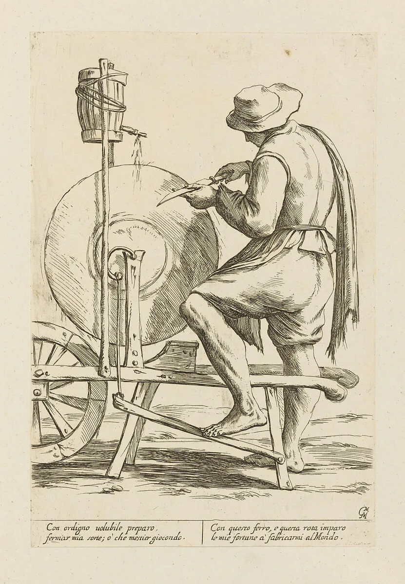 Knife Grinder, from Di Bologna l'Arti per via D'An.ibal' Ca.rac, plate 40 — Giuseppe Maria Mitelli|Annibale Carracci|Giovanni Giacomo De Rossi