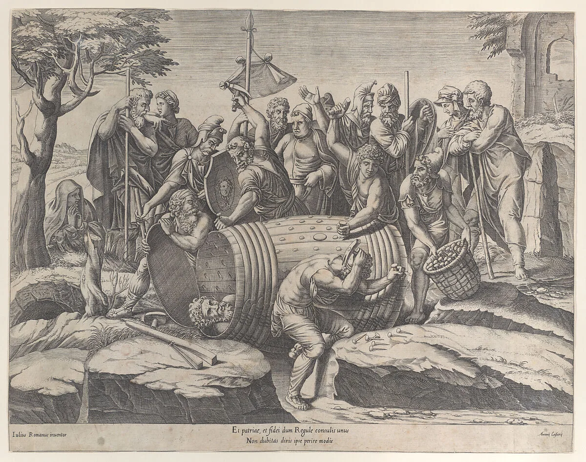 Marcus Atilius Regulus in a barrel while two men are hammering in the nails, various figures throughout — Diana Scultori|Antonio Lafreri|Giulio Romano