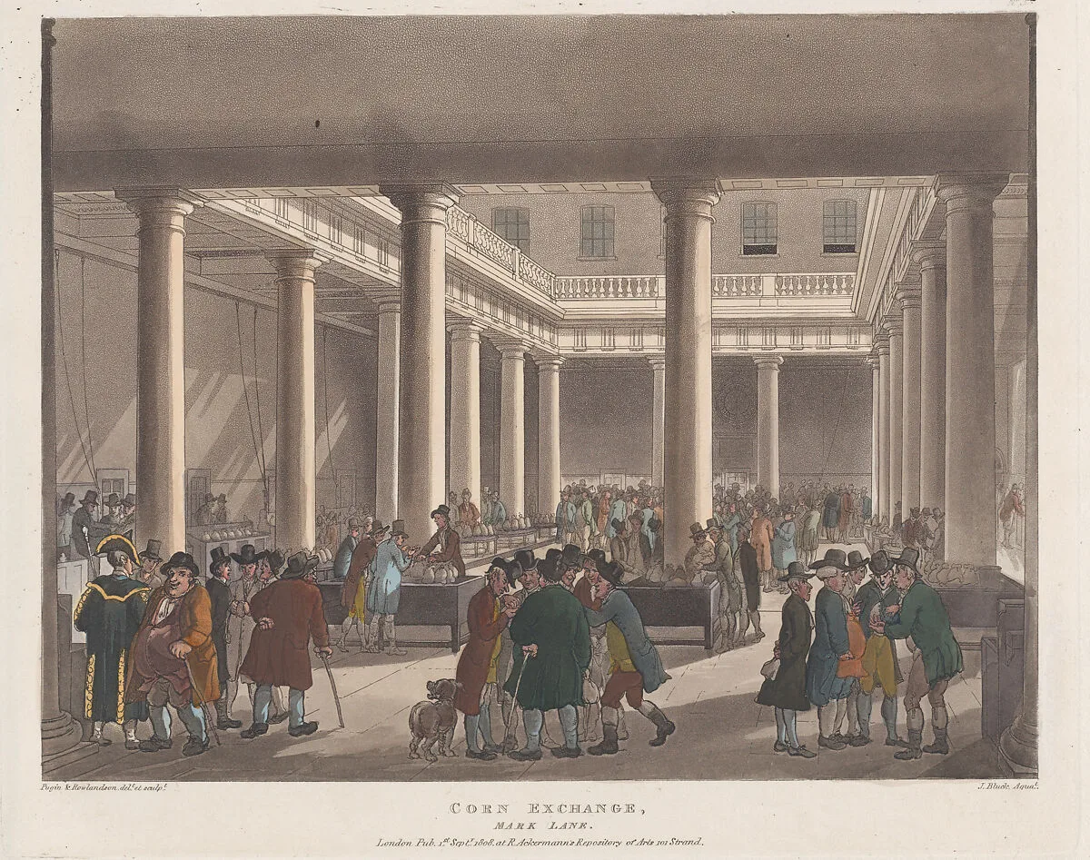 Corn Exchange, Mark Lane — Auguste Charles Pugin|Rudolph Ackermann, London|Thomas Rowlandson|John Bluck