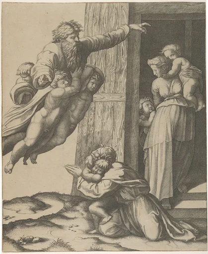 God carried by angels, appearing to Noah and his family, after the Flood
