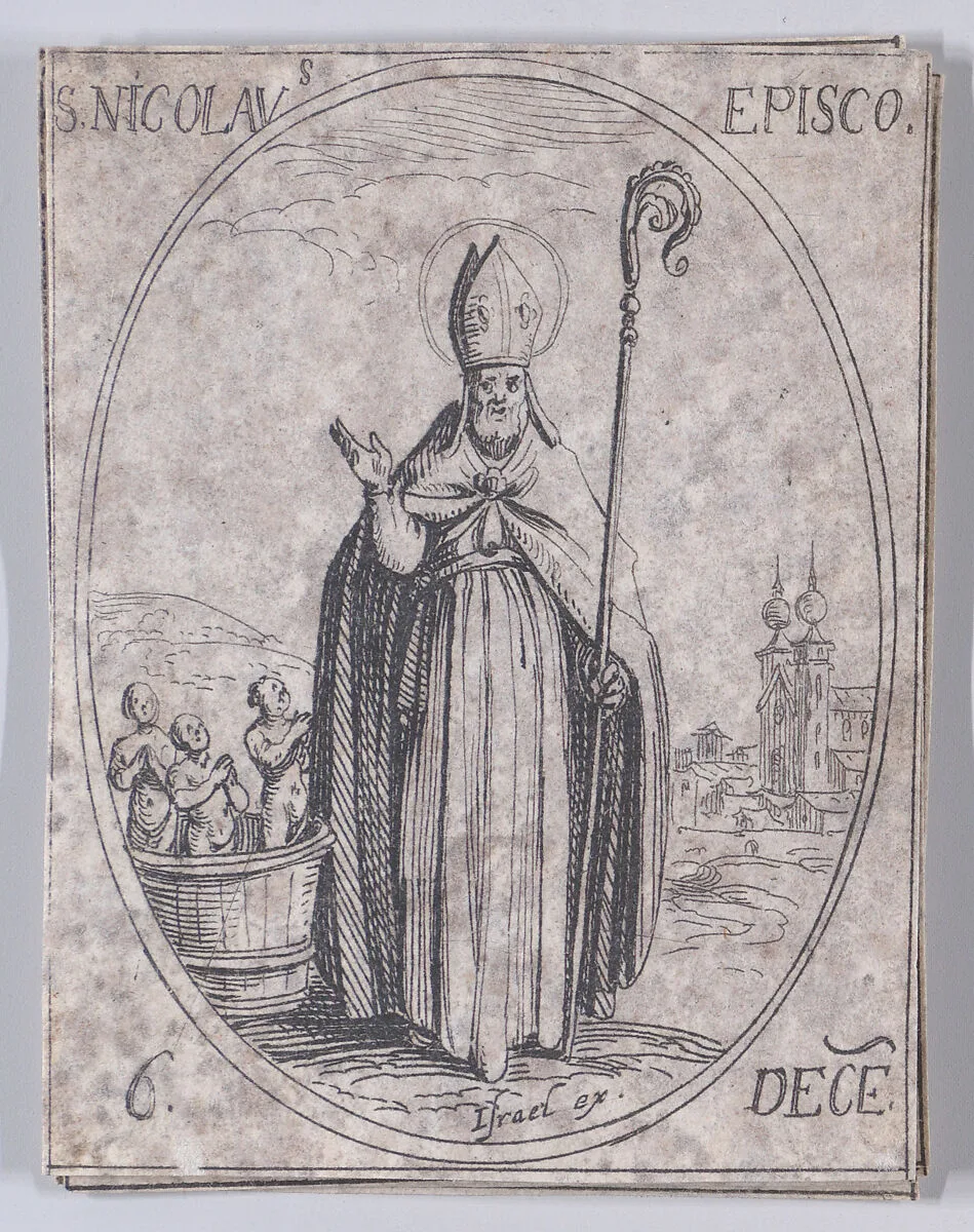 S. Nicolas, évêque (St. Nicholas, Bishop), December 6th, from "Les Images De Tous Les Saincts et Saintes de L'Année" (Images of All of the Saints and Religious Events of the Year) — Jacques Callot|Israël Henriet