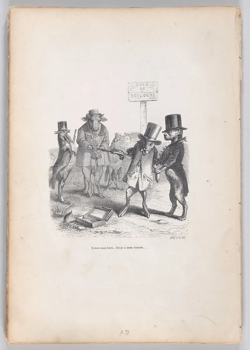 "Hold on to me, I am telling my witness..." from Scenes from the Private and Public Life of Animals — J. J. Grandville|Honoré de Balzac|Louis-Henri Brevière
