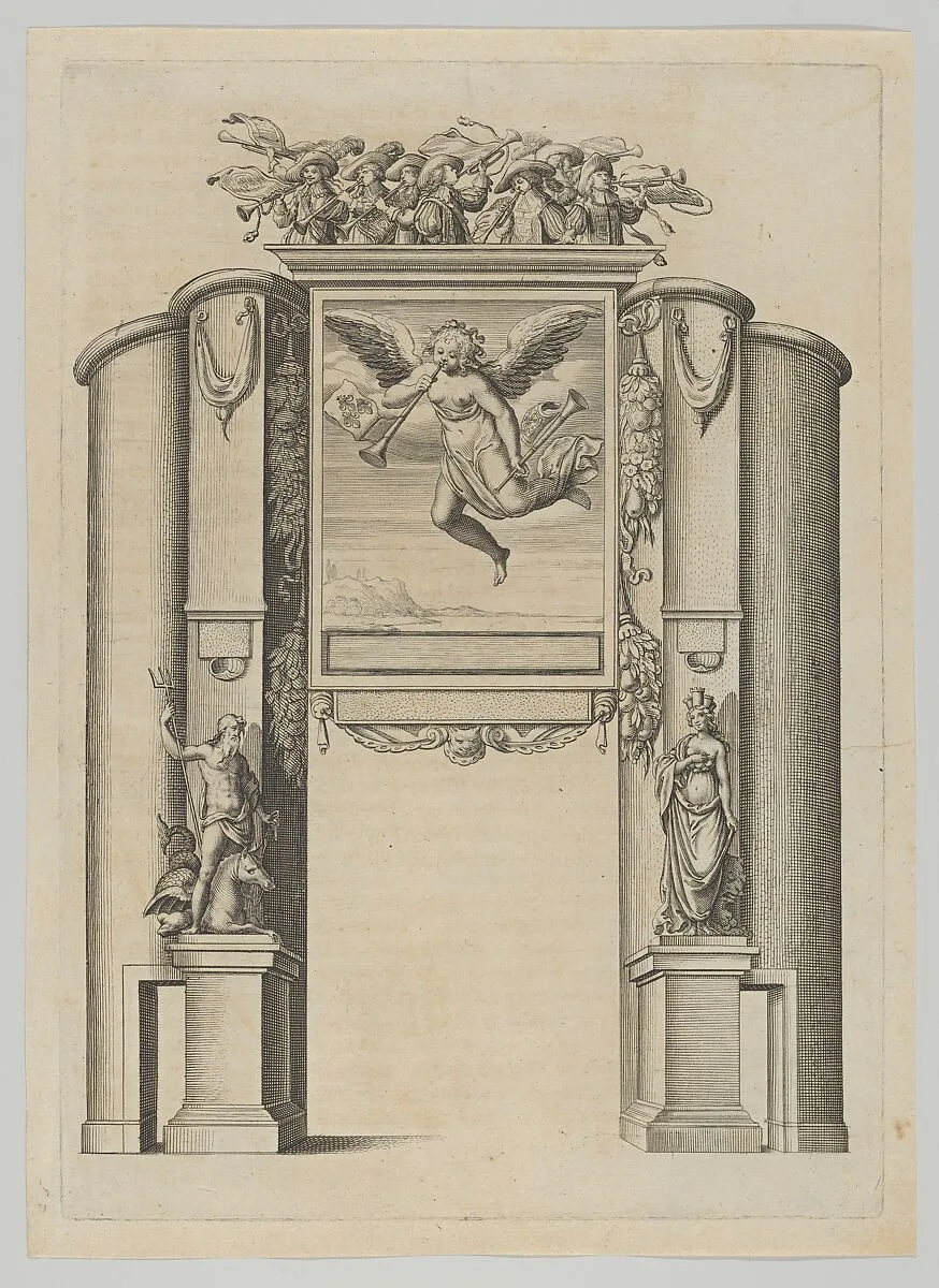 Triumphal arch, from 'Éloges et discours sur la triomphante réception du Roy en sa ville de Paris ...' by Jean-Baptiste de Machault — Pierre Firens I|Melchior Tavernier|Abraham Bosse|Jean-Baptiste de Machault