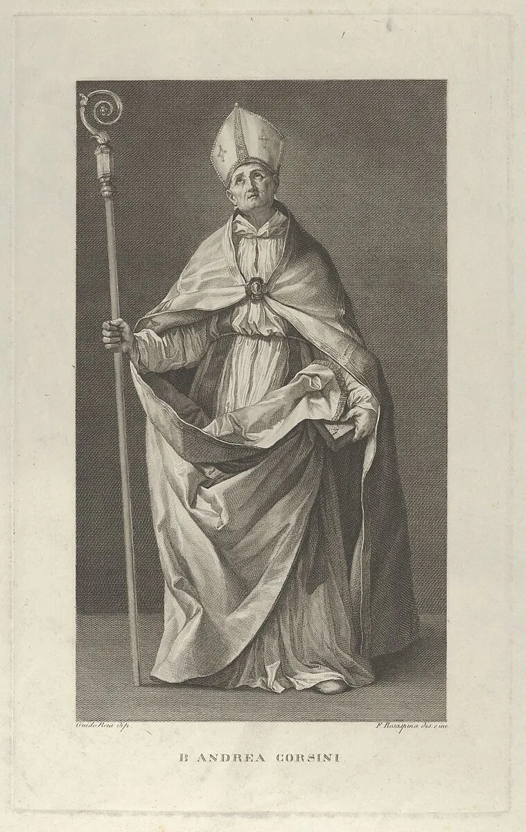 Saint Andrea Corsini dressed as Bishop of Fiesole, holding a crosier and looking up, after Reni — Francesco Rosaspina|Guido Reni|Francesco Rosaspina