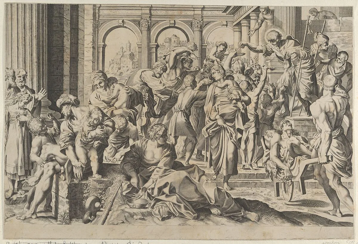 Saint Roch at right distributing alms to a group of people gathered around him, after Annibale Caracci — Annibale Carracci|Anonymous