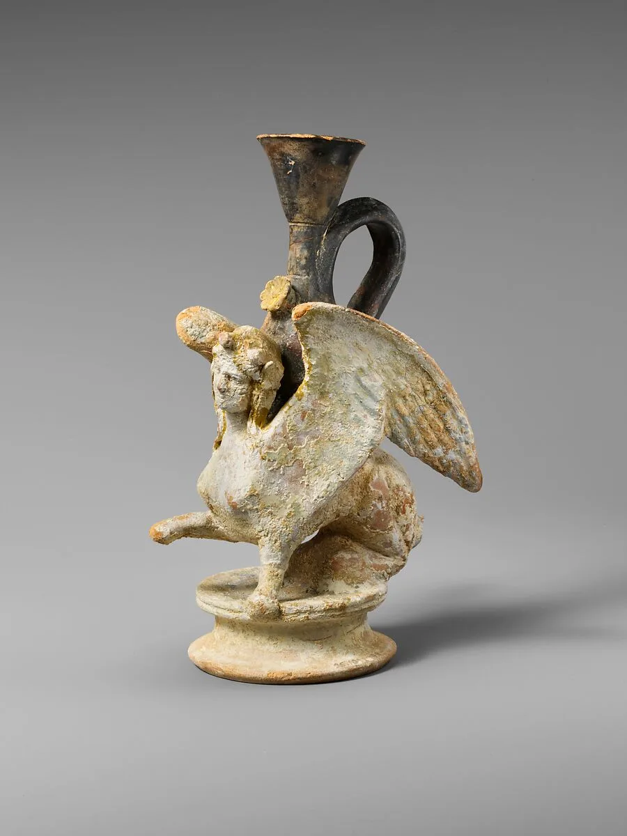Terracotta lekythos (oil flask) in the form of a sphinx — Unknown