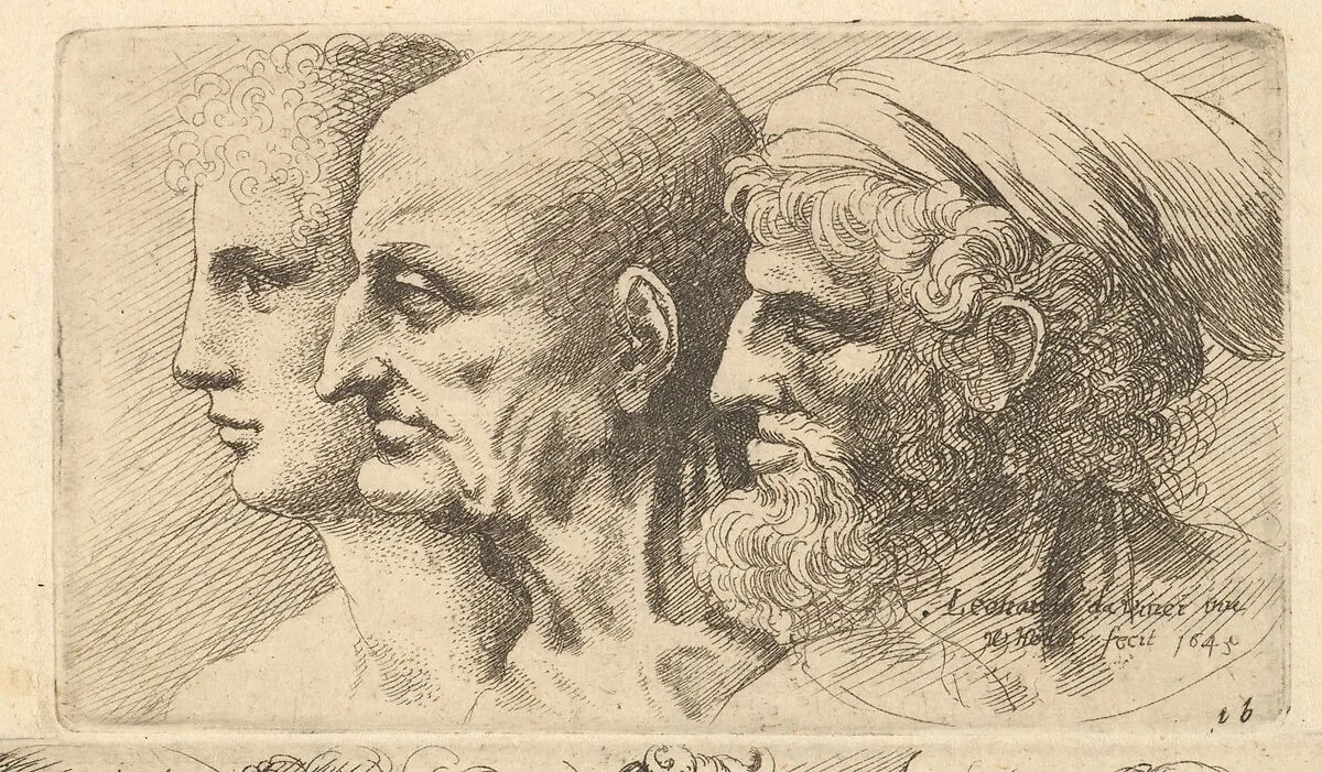 Row of three heads in profile to left — Leonardo da Vinci|Wenceslaus Hollar