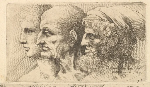 Row of three heads in profile to left