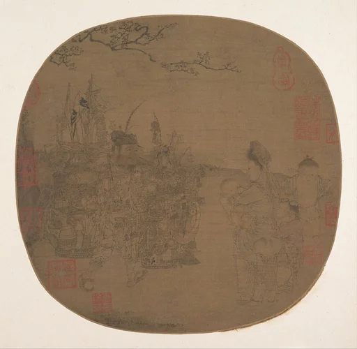 元/明 佚名 絹本設色 貨郎嬰戲圖 扇頁|Knickknack Peddler