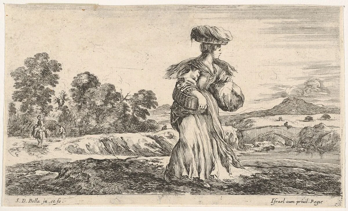 A peasant woman, standing in center facing right, carrying one basket on her head and another in her right arm, another peasant woman on a donkey and a figure on foot to left in the background, from 'Various figures and lands' (Diverse figure e paesi) — Stefano della Bella|Israël Henriet