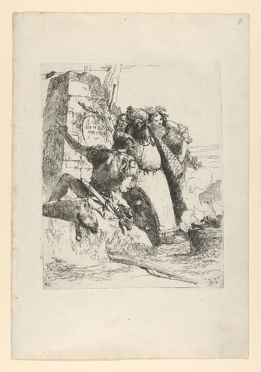 A magician, a soldier and three figures watching a burning skull from the Scherzi di Fantasia — Giovanni Battista Tiepolo