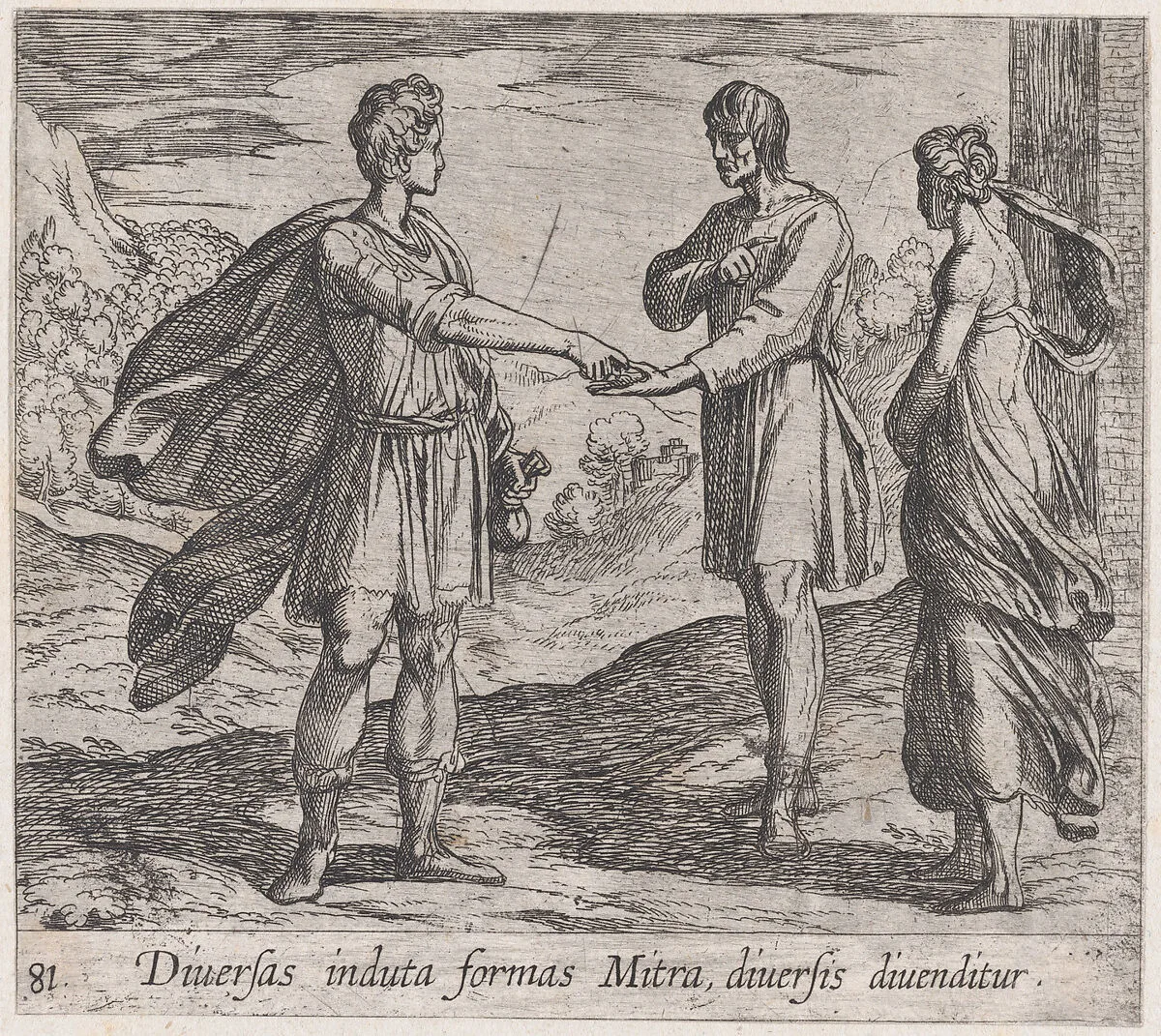 Plate 81: Erysichthon Selling his Daughter (Diversas induta Mitra diversis divenditur), from Ovid's 'Metamorphoses' — Antonio Tempesta