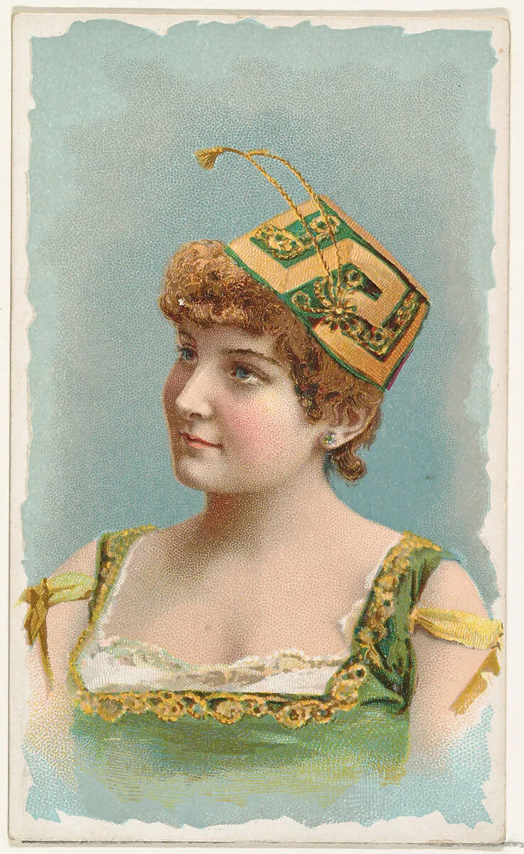 Actress wearing green and yellow fez, from Stars of the Stage, First Series (N129) issued by W. Duke, Sons & Co. to promote Honest Long Cut Tobacco — Knapp & Company|W. Duke, Sons & Co.