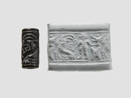 Cylinder seal and modern impression: man grasping an antelope, bull's head over ingot